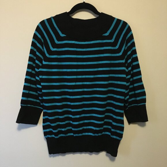 Vintage Y2K Striped Turquoise and Black Crewneck Sweater - Picture 1 of 15